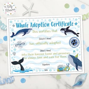 Whale Adoption Certificate, Adopt a Whale, Whale Birthday Party, Under the Sea Party, Digital File, Printable, Whale Theme