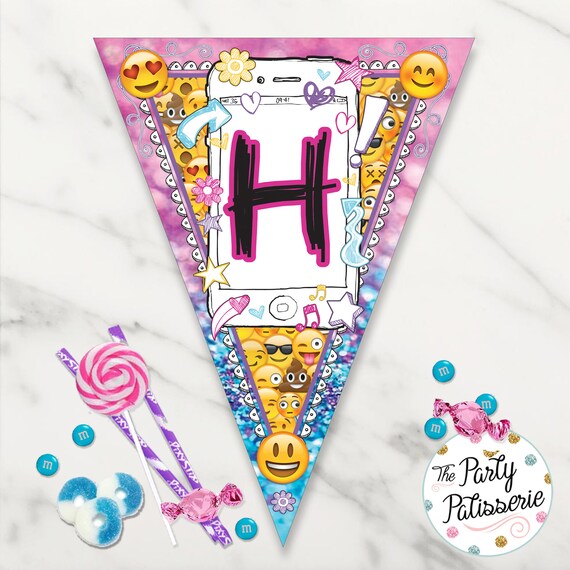 Emoji Doodle Pretty Glitter Happy Birthday Banner Triangles Etsy