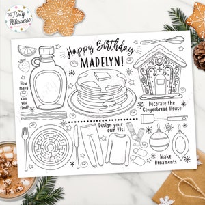 Holiday Pancakes and Pajamas Coloring Placemat, Personalized, Digital File, Christmas, Pancake Party, PJ Party, Sleepover, Activity Mat