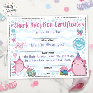 Shark Adoption Certificate, Adopt a Shark, Second Birthday, Under the Sea Party, Digital File, Printable, Shark Theme