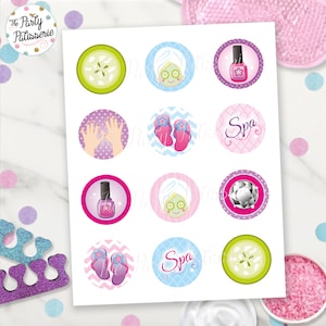May include: A sheet of printable cupcake toppers featuring spa-themed images, including nail polish, cucumbers, flip-flops, and the word "Spa".