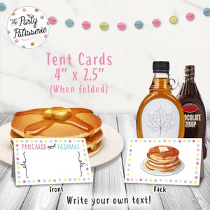 Tarjetas de mesa de Pancakes y Pijamas, Fiesta de cumpleaños de panqueques, Tarjetas de buffet, Descarga instantánea, Archivo digital, Imprimible, Fiesta de panqueques