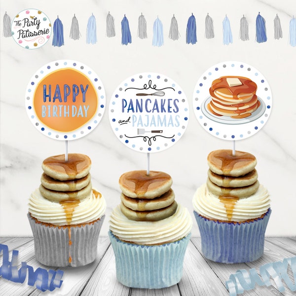 Boy Pancakes and Pajamas Cupcake Circles / Pancake Birthday Party/ Cupcake Toppers / Instant Download / Digital File / Printable