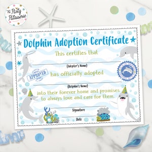Dolphin Adoption Certificate, Adopt a Dolphin, Dolphin Birthday Party, Under the Sea Party, Digital File, Printable, Dolphin Theme