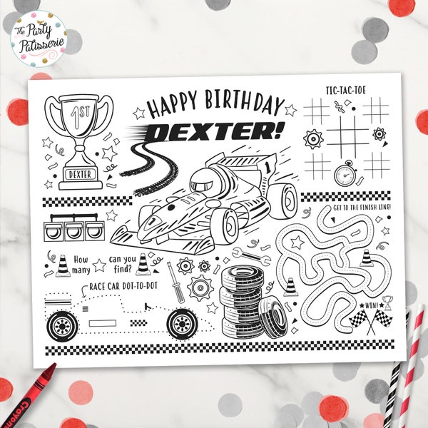 Race Car Coloring Placemat, Car Birthday, Personalized, Digital File, Printable, Custom, Activity Mat