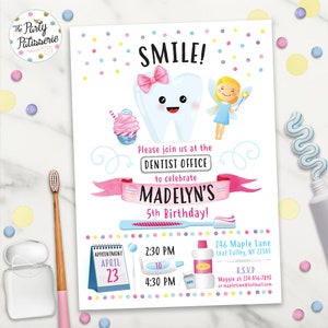 Invito per festa di compleanno del dentista, festa dei denti, fatina dei denti, file digitale, stampabile, festa del dentista, personalizzato