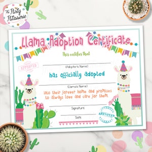 Llama Adoption Certificate, Alpaca Adoption, Printable, Llama Birthday, Llama Party, Adopt a Llama, Alpaca Party, Instant Download