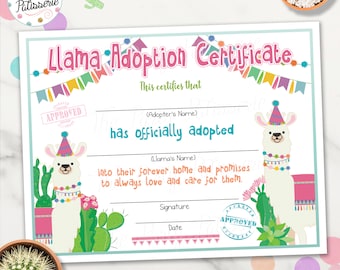 Llama Adoption Certificate, Alpaca Adoption, Printable, Llama Birthday, Llama Party, Adopt a Llama, Alpaca Party, Instant Download