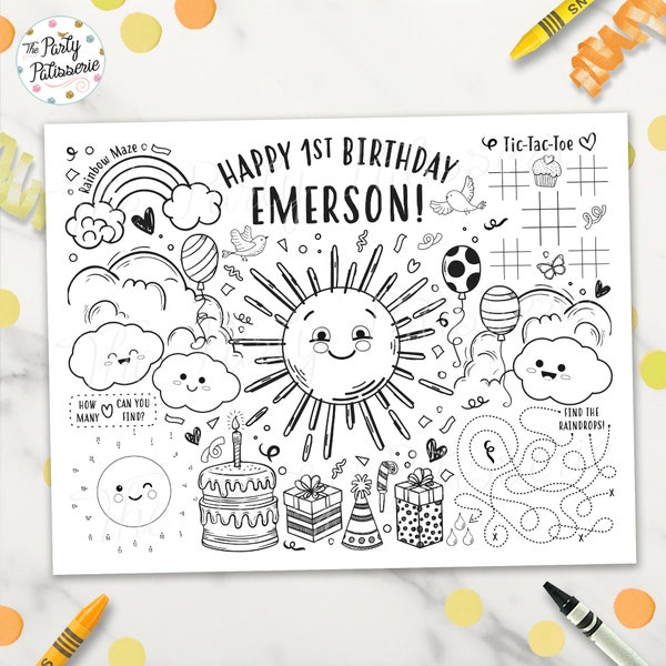 Sun Coloring Placemat, Trip Around the Sun Placemat, Personalized, Digital File, Printable, Custom, Sunshine Party, Mr. Sun, Activity Mat