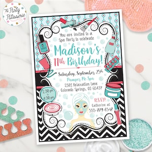 Spa Birthday Party Birthday Invitation, Coral Turquoise, Spa Party, Digital File, Printable Invitation, Pamper Party