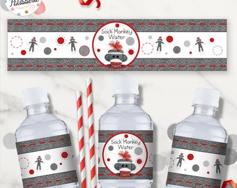 Sock Monkey Birthday Party Water Bottle Label, Monkey Water Bottle label, Instant Download, Digital File, Printable, Monkey Party