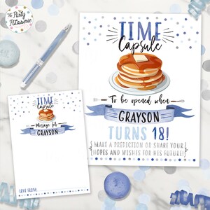Letrero y tarjeta con mensaje de cápsula del tiempo con panqueques y pijamas para niño, archivo digital, imprimible, personalizado, letrero para fiesta de panqueques, fiesta de pijamas