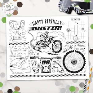 Motocross Coloring Placemat, Dirt Bike Birthday, Personalized, Digital File, Printable, Custom, Activity Mat