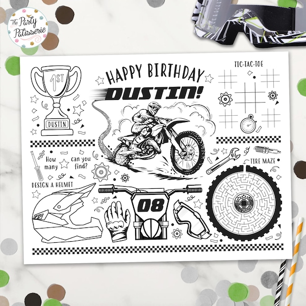 Motocross Coloring Placemat, Dirt Bike Birthday, Personalized, Digital File, Printable, Custom, Activity Mat