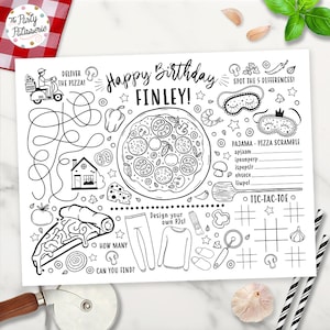 Pizza and Pajamas Coloring Placemat, Pizza Party, Personalized, Digital File, Printable, Cupcake Party, PJ Party, Sleepover, Activity Mat