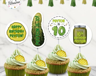 Printable Pickle Party Cupcake Toppers, Personalized, Pickle Birthday Party, Favor Circles, Digital Files
