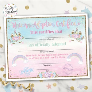 Unicorn Adoption Certificate,  Unicorn Birthday, Printable, Instant Download, 2 Color Options Included