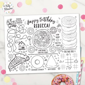 Pizza und Donuts Färbung Tischset, Pizza Party, personalisiert, Digitale Datei, bedruckbar, Donut Party, PJ Party, Übernachtung, Aktivitätsmatte