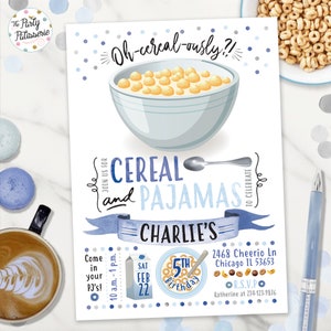 Cereal and Pajamas Party Birthday Invitation, Digital File, Printable, Custom, Cereal Party Invite, Pajama Party, Breakfast Party