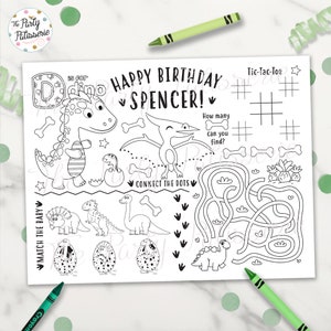 Dinosaur Coloring Placemat, Dino, Personalized, Digital File, Printable, Custom, Dino Party, Prehistoric Party, Dinosaur, Activity Mat