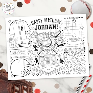 Könnte beinhalten: Schwarz-weiß Baseball-Malvorlage mit dem Text "Happy Birthday Jordan!" und verschiedenen Baseball-Illustrationen, darunter ein Trikot, eine Kappe, ein Handschuh, ein Ball und ein Tic-Tac-Toe-Spiel.