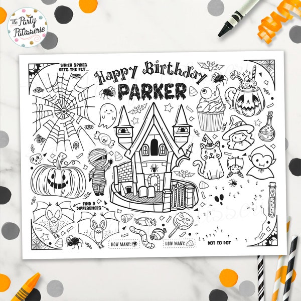 Halloween Birthday Coloring Placemat, Halloween Party, Printable, Custom