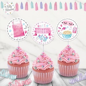 Sleepover Party Cupcake Circles, Sleepover Birthday Party, Cupcake Toppers, Favor Circles Instant Download, Printable, Sleepunder