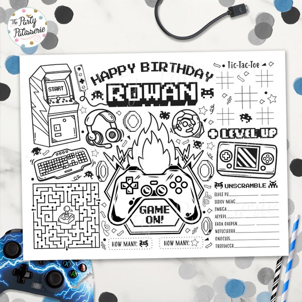 Video Game Coloring Placemat, Gaming Birthday, Digital File, Printable, Game On, Level Up, Coloring Mat, Activity Mat