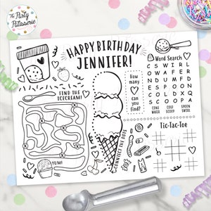 Ice Cream Party Coloring Placemat, Personalized, Digital File, Printable, Custom, Ice Cream Birthday, PJ Party, Sleepover, Activity Mat