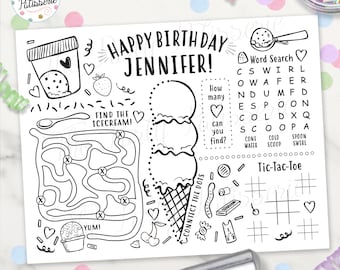 Ice Cream Party Coloring Placemat, Personalized, Digital File, Printable, Custom, Ice Cream Birthday, PJ Party, Sleepover, Activity Mat