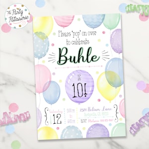 Invito di compleanno con palloncini acquerellati, compleanno con palloncini, colori pastello, file digitale, stampabile, invito per festeggiamenti, palloncini