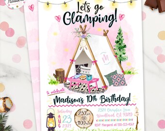 Glamping Birthday Invitation, Camping Invitation, Digital File, Printable, Camp Invitation, Bonfire Birthday, Campfire Party