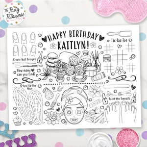 Spa Party Coloring Placemat, Personalized, Spa Party, Printable, Custom, Pamper Birthday, Spa Birthday, Activity Mat