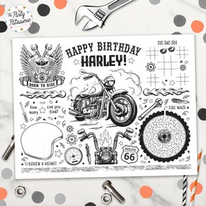 Mantel individual para colorear de motocicleta, cumpleaños de motociclista, motocicleta, personalizado, archivo digital, imprimible, personalizado, tapete de actividades