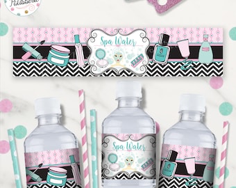 Spa Birthday Party Water Bottle Labels, Pink, Turquoise, Instant Download, Digital File, Printable, Spa Party, Water Bottle Wrapper, Pamper