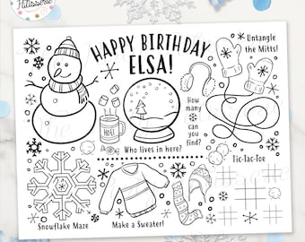 Winter Coloring Placemat, Winter Onederland, Personalized, Digital File, Printable, Custom, Snow Party, PJ Party, Sleepover, Activity Mat
