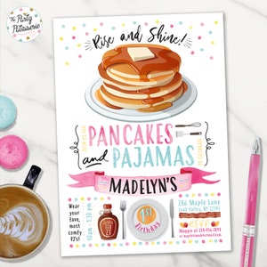 Invito per festa di compleanno con pancake e pigiama, file digitale, stampabile, personalizzato, invito per festa con pancake, pigiama party, pigiama party