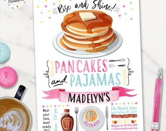 Pancakes and Pajamas Party Birthday Invitation, Digital File, Printable, Custom, Pancake Party Invite, Pajama Party, Sleepover Party
