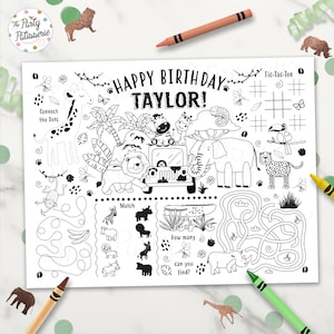 Safari kleurplacemat, jungleplacemat, gepersonaliseerd, digitaal bestand, afdrukbaar, aangepast, junglefeest, safarifeest, activiteitenmat