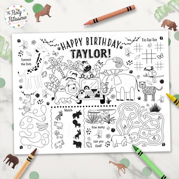 Safari Coloring Placemat, Jungle Placemat, Personalized, Digital File, Printable, Custom, Jungle Party, Safari Party, Activity Mat