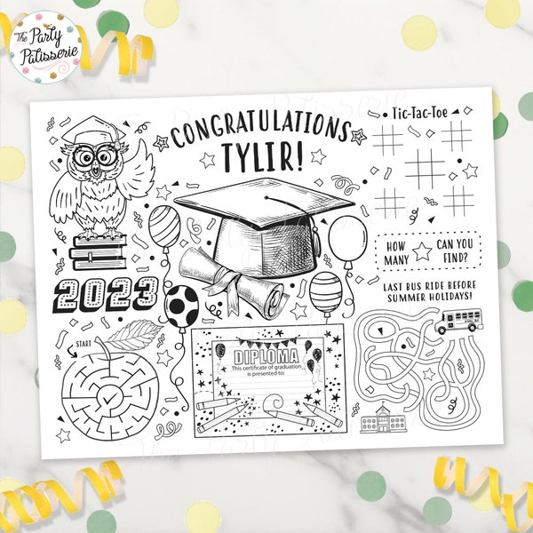 Printable Graduation Coloring Placemat, Grad Party, Personalized, Digital File, Custom, Graduation Party, Achievement Award, Activity Mat