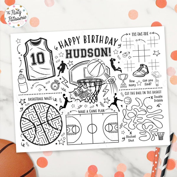 Basketball Coloring Placemat, Basketball Birthday, Personalized, Digital File, Printable, Custom, Activity Mat