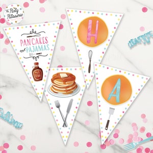 Pancarta, banderines, triángulos para fiesta de pijamas y panqueques, archivo digital, imprimible, pancarta de panqueques, fiesta de pijamas, fiesta de pijamas, cumpleaños