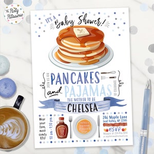 Invito per baby shower con pancake e pigiama, Baby shower con pancake e pigiama, file digitale, stampabile, invito per festa con pancake, pigiama party