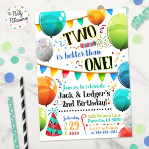 Faire-part d'anniversaire de jumeaux, deux valent mieux qu'un, anniversaire de deux ans, fichier numérique, imprimable, invitation à une célébration, ballons