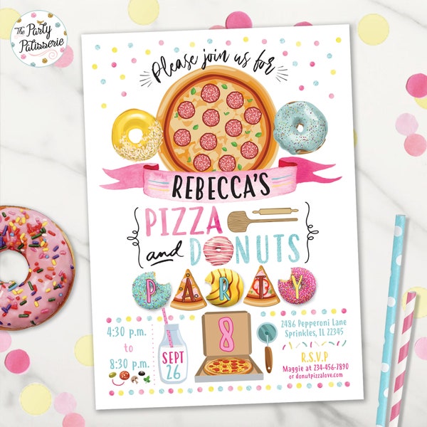 Pizza and Donuts Party Birthday Invitation, Digital File, Printable, Custom, Pizza Party Invite, Donut Party, Donuts and Pizza Party