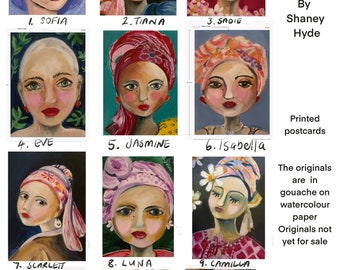 SET OF 12 Printed Postcard paintings- scarf girl series