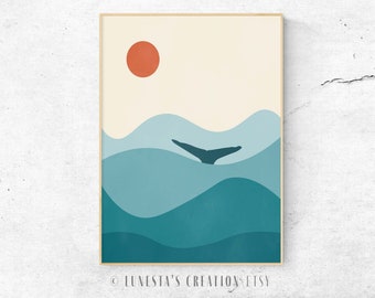 Abstract Sun Ocean Print; Nordic Prints; Scandi Wall Art; Boho Decor; Whale Print; Mid Century Printable; Blue Tone Decor; Printable Art