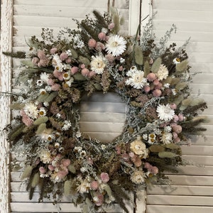 Dried flower wreath, spring wreath, pink wreath, bunny tails, grass wreath, boho wreath, everlasting, dried florals, spring, door wreath