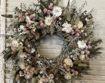 Dried flower wreath, spring wreath, pink wreath, bunny tails, grass wreath, boho wreath, everlasting, dried florals, spring, door wreath